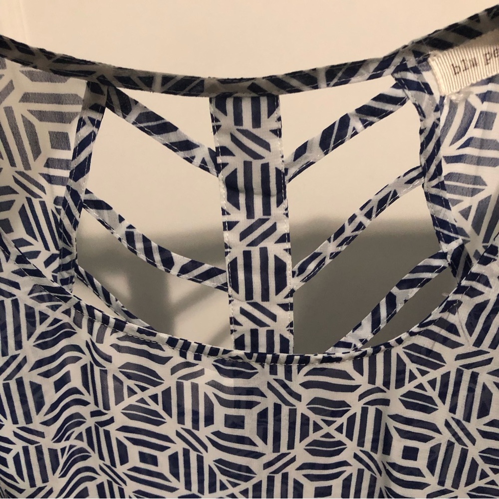 Blu Pepper Sheer Blue/White Geometric Blouse High/Low Hem Bell Sleeves  S - Picture 5 of 6